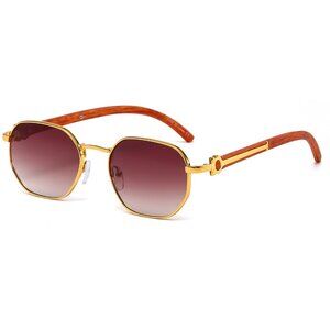Men Sunglasses Fashion Designer‎ Brown Lens Gold Octagon Wood Arms Street Wear